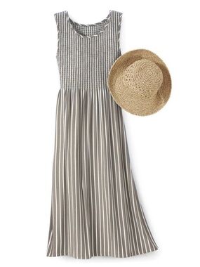 Northstyle Smocked Striped Maxi Dress Sleeveless Gathered Skirt S Taupe White